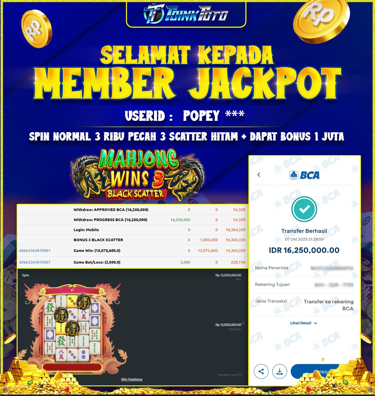 TOINKTOTO JACKPOT GAME SLOT MAHJONG BLACK SCATTER Rp.16.250.000.,- LUNAS